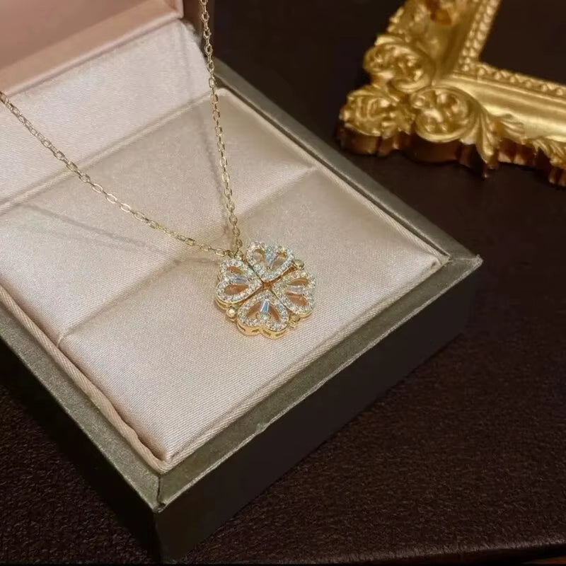 Dazzling Double Heart Flower Pendant Necklace for Women - Trendy Stainless Steel Chain with Cubic Zirconia Accents