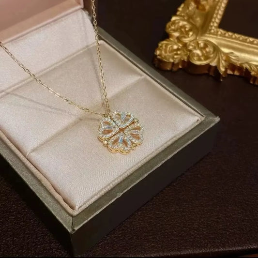 Dazzling Double Heart Flower Pendant Necklace for Women - Trendy Stainless Steel Chain with Cubic Zirconia Accents