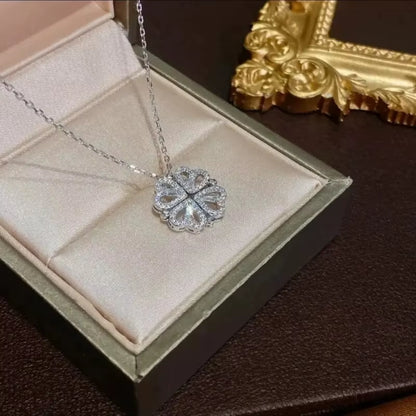 Dazzling Double Heart Flower Pendant Necklace for Women - Trendy Stainless Steel Chain with Cubic Zirconia Accents